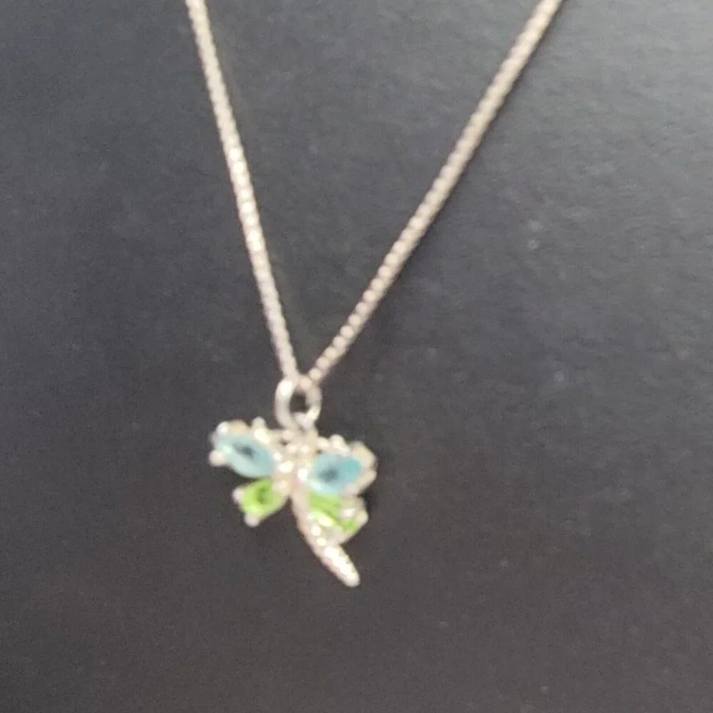 Swarovski Crystal Dragonfly Pendant Necklace 925 Sterling Silver 18" Chain Blue - Picture 10 of 10